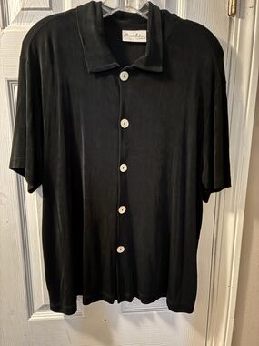 Chico's Black Short-Sleeve Button-Front Shirt with White Buttons